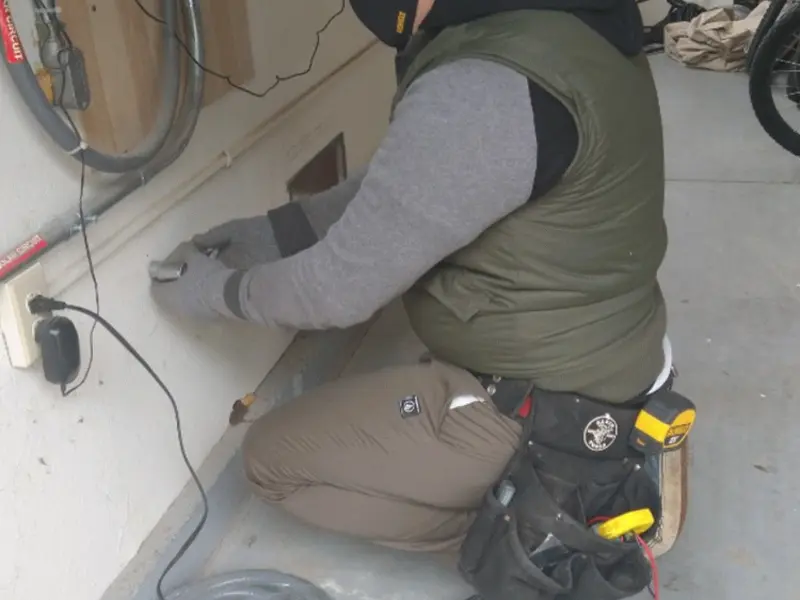 Electrician performing outlet wiring in a Osceola garage